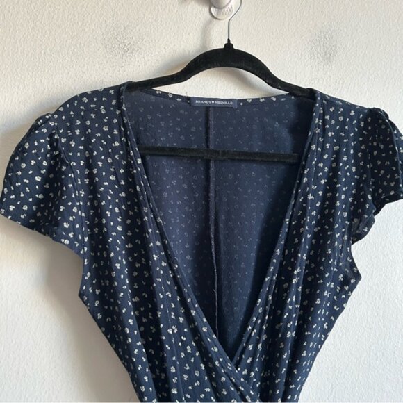 Brandy Melville Sz S Navy Blue Dainty Floral Cottagecore Mini Wrap Dress - Picture 3 of 11